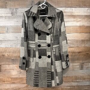 Mac & Jac Womens Grey Patchwork Plaid Double Breasted Pea Coat Jacket Size M